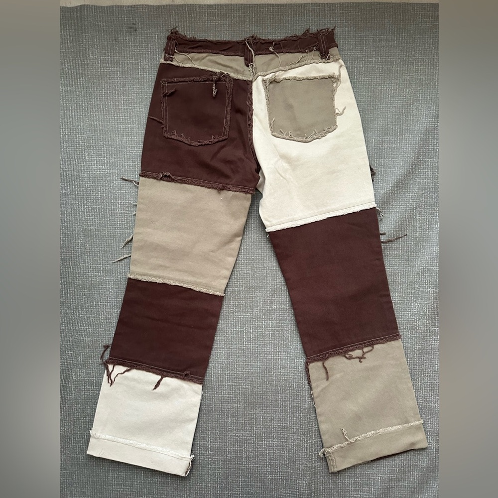 Patchwork Boyfriend Pants Brown Tan Cream Distressed Raw Edge Y2K Grunge Sz W 30 - Picture 3 of 16